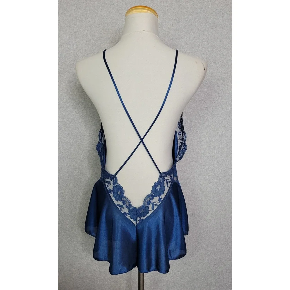 Petra Fashion Royal Blue Satin Lace Teddy Romper Open Back Large Made in USA